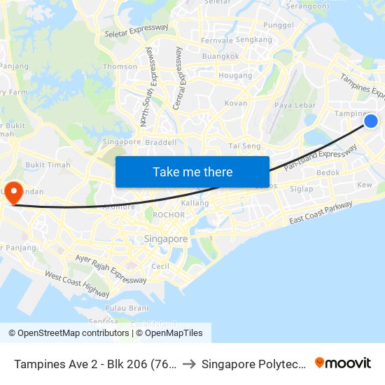 Tampines Ave 2 - Blk 206 (76091) to Singapore Polytechnic map