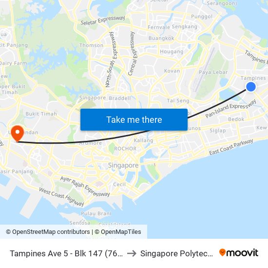 Tampines Ave 5 - Blk 147 (76069) to Singapore Polytechnic map