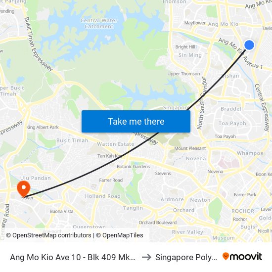 Ang Mo Kio Ave 10 - Blk 409 Mkt/Fc (54371) to Singapore Polytechnic map