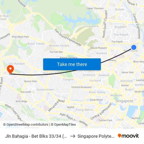 Jln Bahagia - Bet Blks 33/34 (52109) to Singapore Polytechnic map