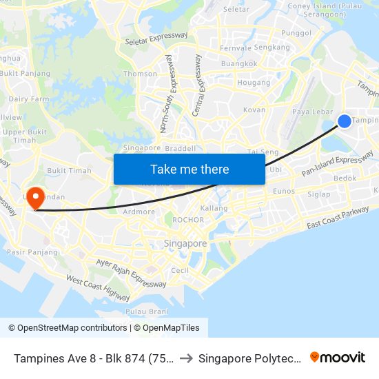 Tampines Ave 8 - Blk 874 (75159) to Singapore Polytechnic map