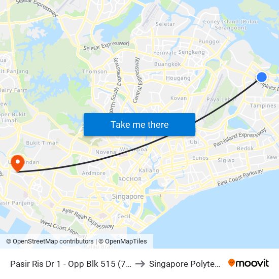 Pasir Ris Dr 1 - Opp Blk 515 (77011) to Singapore Polytechnic map