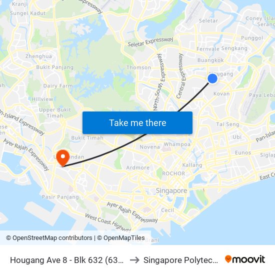 Hougang Ave 8 - Blk 632 (63399) to Singapore Polytechnic map