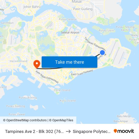 Tampines Ave 2 - Blk 302 (76109) to Singapore Polytechnic map