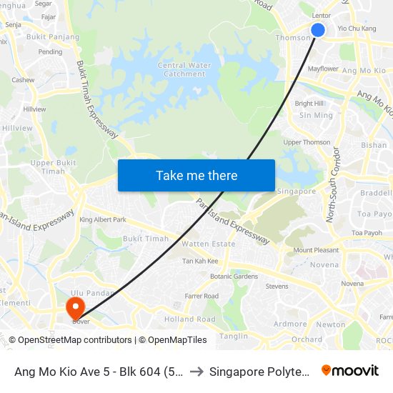 Ang Mo Kio Ave 5 - Blk 604 (55129) to Singapore Polytechnic map