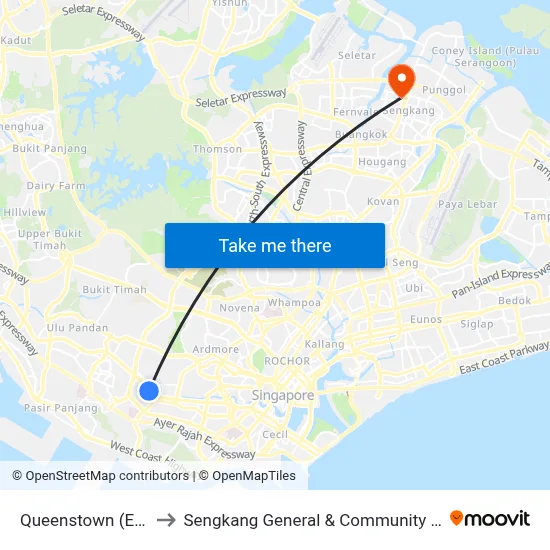 Queenstown (EW19) to Sengkang General & Community Hospital map