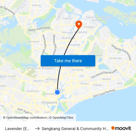 Lavender (EW11) to Sengkang General & Community Hospital map