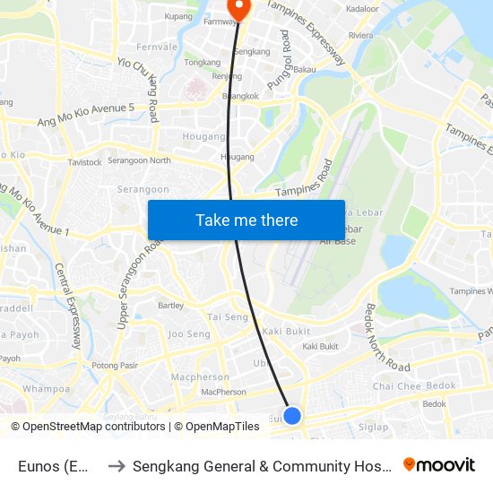 Eunos (EW7) to Sengkang General & Community Hospital map