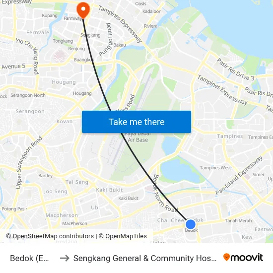 Bedok (EW5) to Sengkang General & Community Hospital map