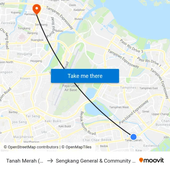 Tanah Merah (EW4) to Sengkang General & Community Hospital map