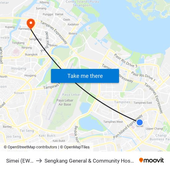 Simei (EW3) to Sengkang General & Community Hospital map