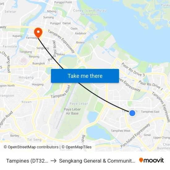 Tampines (DT32|EW2) to Sengkang General & Community Hospital map
