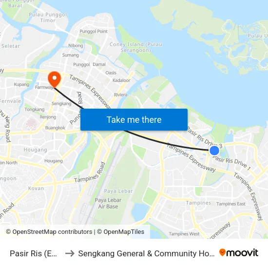 Pasir Ris (EW1) to Sengkang General & Community Hospital map