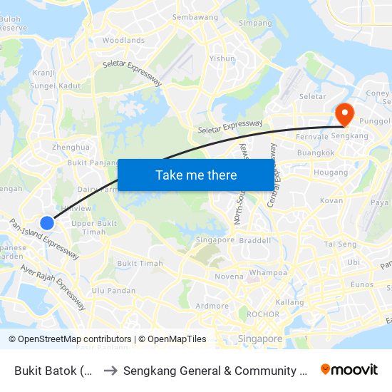 Bukit Batok (NS2) to Sengkang General & Community Hospital map