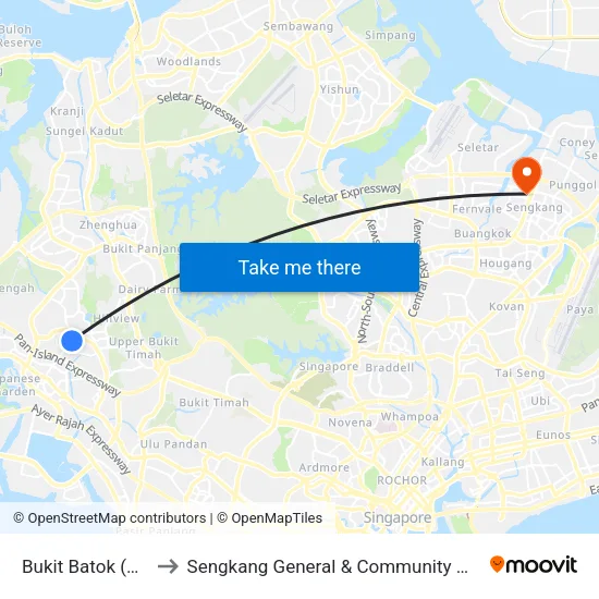 Bukit Batok (NS2) to Sengkang General & Community Hospital map