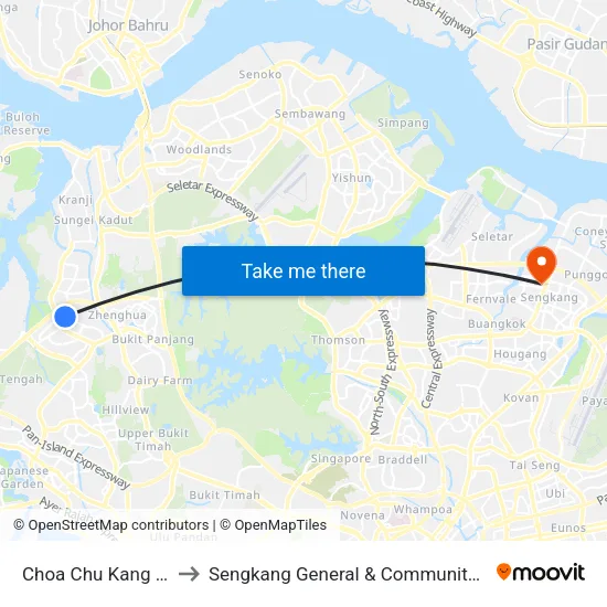 Choa Chu Kang (NS4) to Sengkang General & Community Hospital map