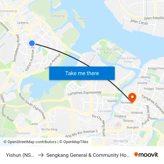Yishun (NS13) to Sengkang General & Community Hospital map