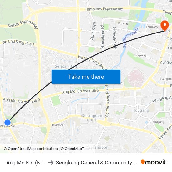 Ang Mo Kio (NS16) to Sengkang General & Community Hospital map