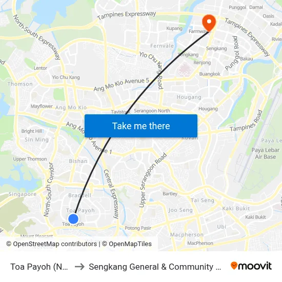 Toa Payoh (NS19) to Sengkang General & Community Hospital map