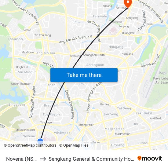 Novena (NS20) to Sengkang General & Community Hospital map