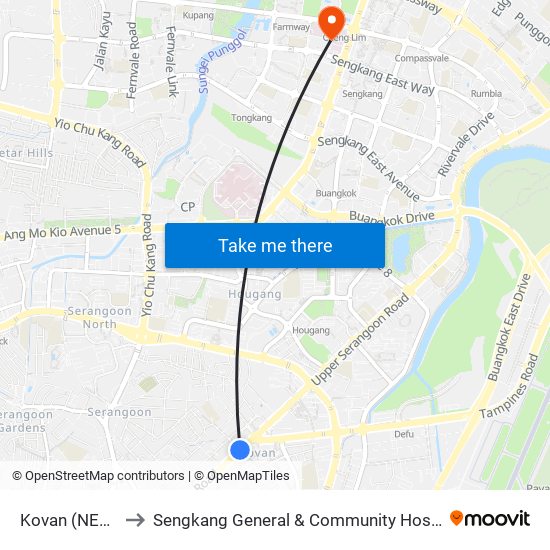 Kovan (NE13) to Sengkang General & Community Hospital map