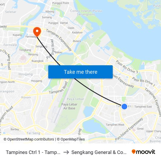 Tampines Ctrl 1 - Tampines Int (75009) to Sengkang General & Community Hospital map