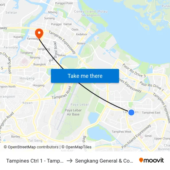 Tampines Ctrl 1 - Tampines Int (75009) to Sengkang General & Community Hospital map