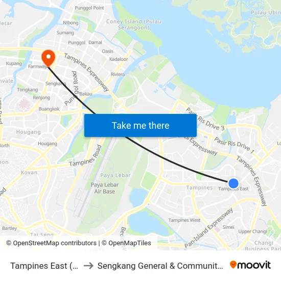 Tampines East (DT33) to Sengkang General & Community Hospital map
