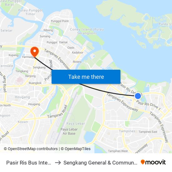 Pasir Ris Bus Interchange to Sengkang General & Community Hospital map