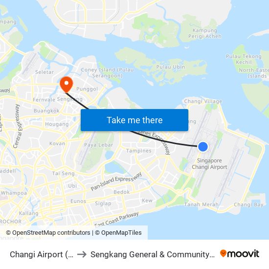 Changi Airport (CG2) to Sengkang General & Community Hospital map