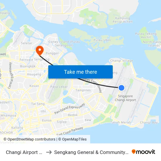 Changi Airport (CG2) to Sengkang General & Community Hospital map