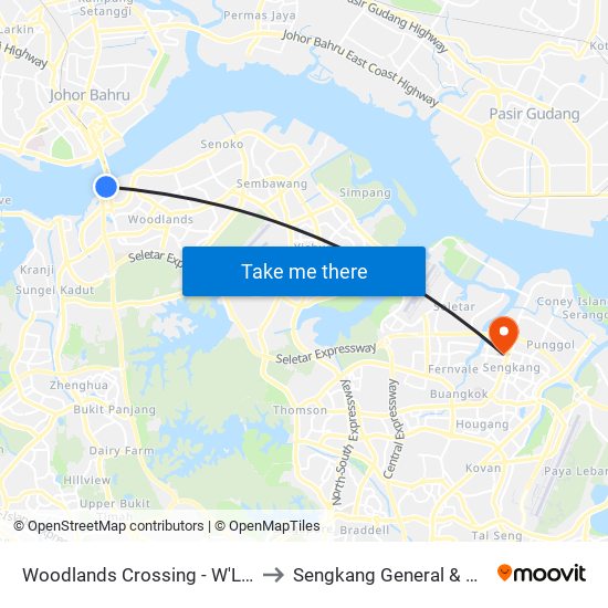 Woodlands Crossing - W'Lands Checkpt (46109) to Sengkang General & Community Hospital map
