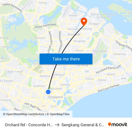 Orchard Rd - Concorde Hotel S'Pore (08138) to Sengkang General & Community Hospital map