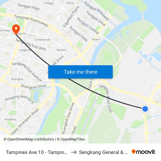 Tampines Ave 10 - Tampines Wafer Fab Pk (75351) to Sengkang General & Community Hospital map