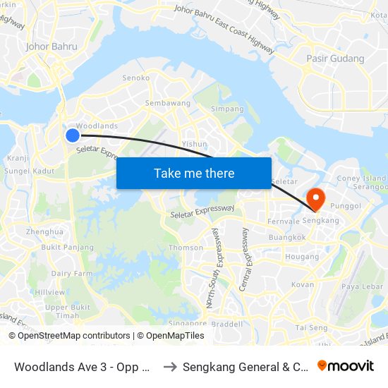 Woodlands Ave 3 - Opp Marsiling Stn (46529) to Sengkang General & Community Hospital map