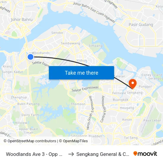 Woodlands Ave 3 - Opp Marsiling Stn (46529) to Sengkang General & Community Hospital map