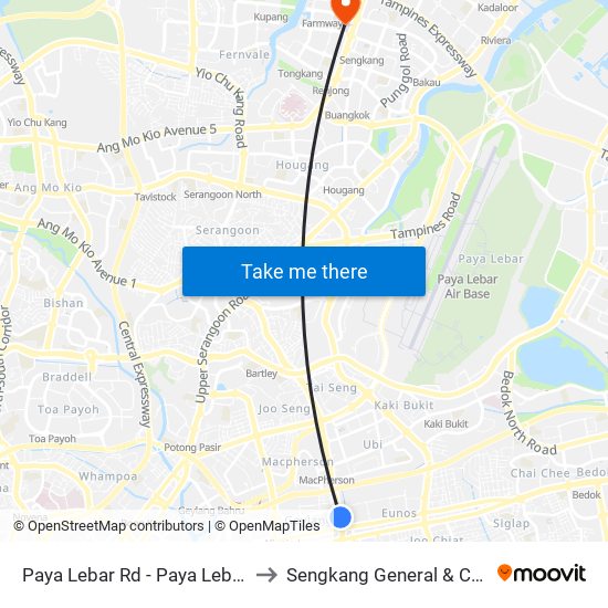 Paya Lebar Rd - Paya Lebar Stn Exit B (81111) to Sengkang General & Community Hospital map