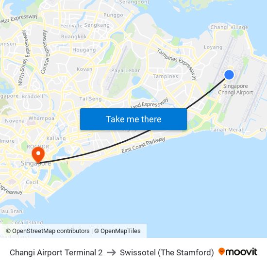 Changi Airport Terminal 2 to Swissotel (The Stamford) map