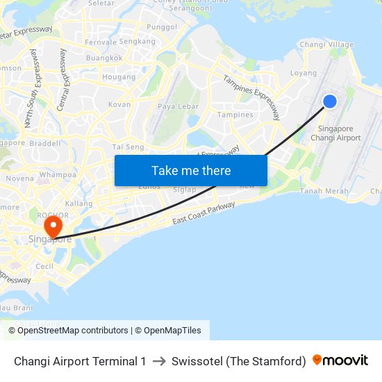 Changi Airport Terminal 1 to Swissotel (The Stamford) map