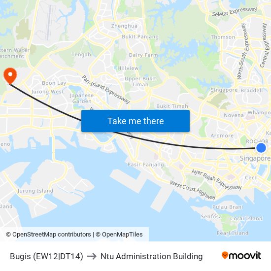 Bugis (EW12|DT14) to Ntu Administration Building map