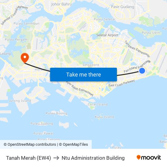 Tanah Merah (EW4) to Ntu Administration Building map