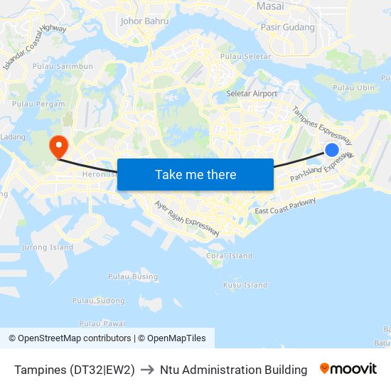 Tampines (DT32|EW2) to Ntu Administration Building map