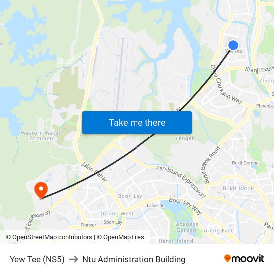 Yew Tee (NS5) to Ntu Administration Building map