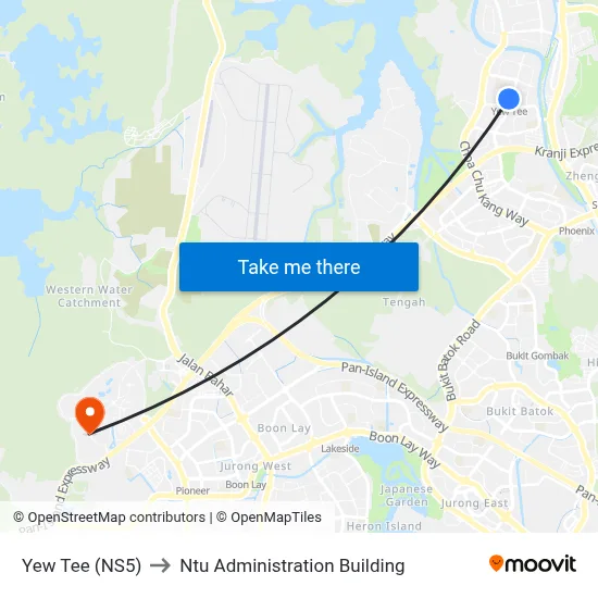 Yew Tee (NS5) to Ntu Administration Building map