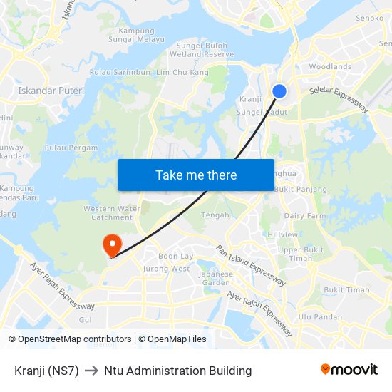 Kranji (NS7) to Ntu Administration Building map