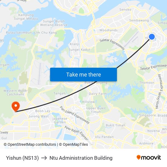 Yishun (NS13) to Ntu Administration Building map