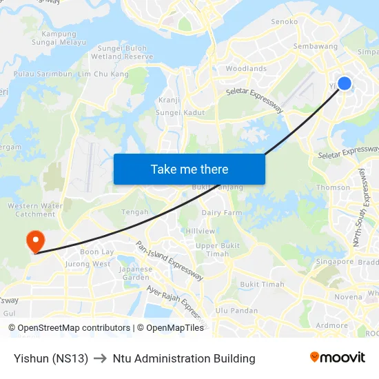Yishun (NS13) to Ntu Administration Building map