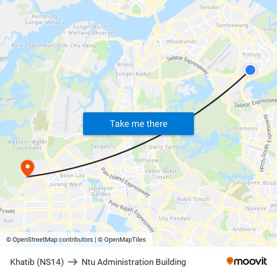 Khatib (NS14) to Ntu Administration Building map