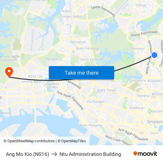 Ang Mo Kio (NS16) to Ntu Administration Building map