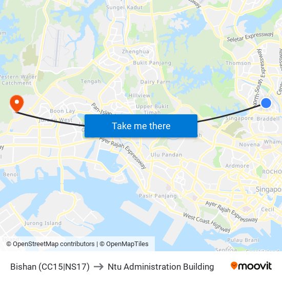 Bishan (CC15|NS17) to Ntu Administration Building map